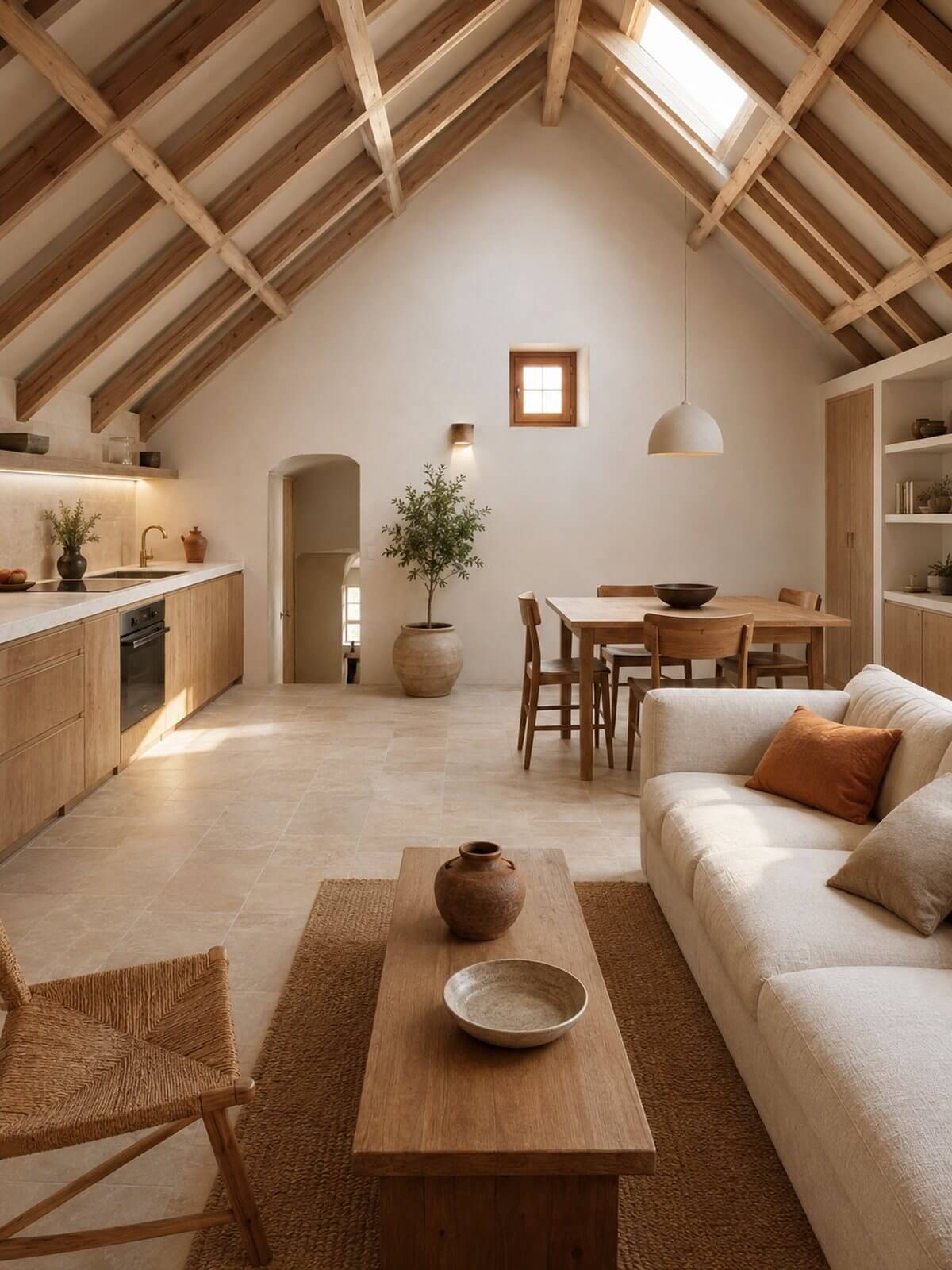 Attic apartment with exposed beams, open-plan living, dining and kitchen