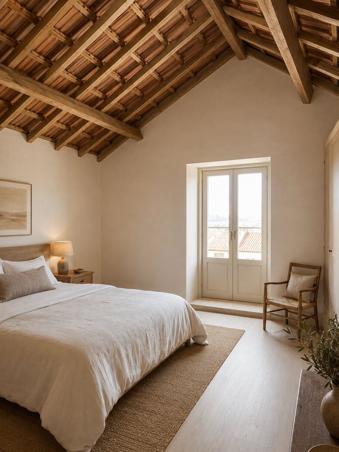 Calm, light-filled bedroom in warm natural tones